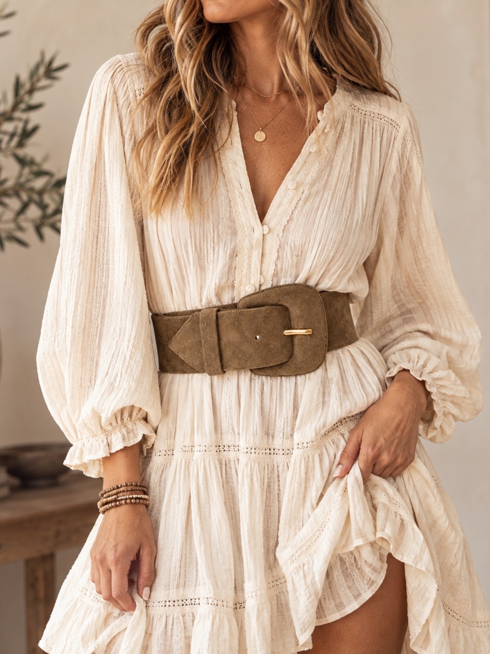 Wide Suede Statement Belt Brown Gold Tone Boho Western
